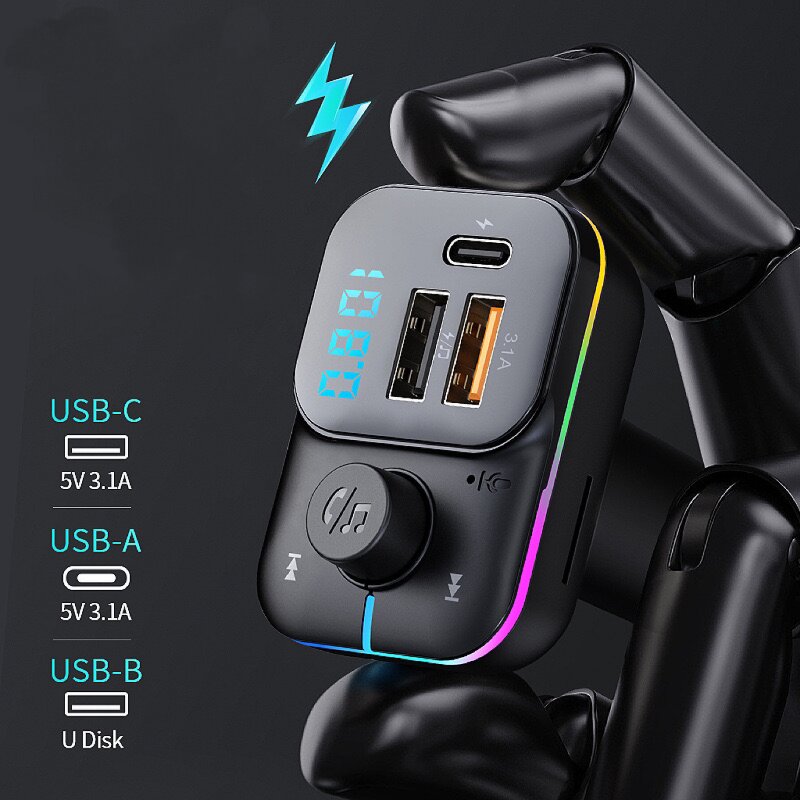 Car Charger - Dual USB Type C FM MP3 Player PD 3.1A Fast LED Light