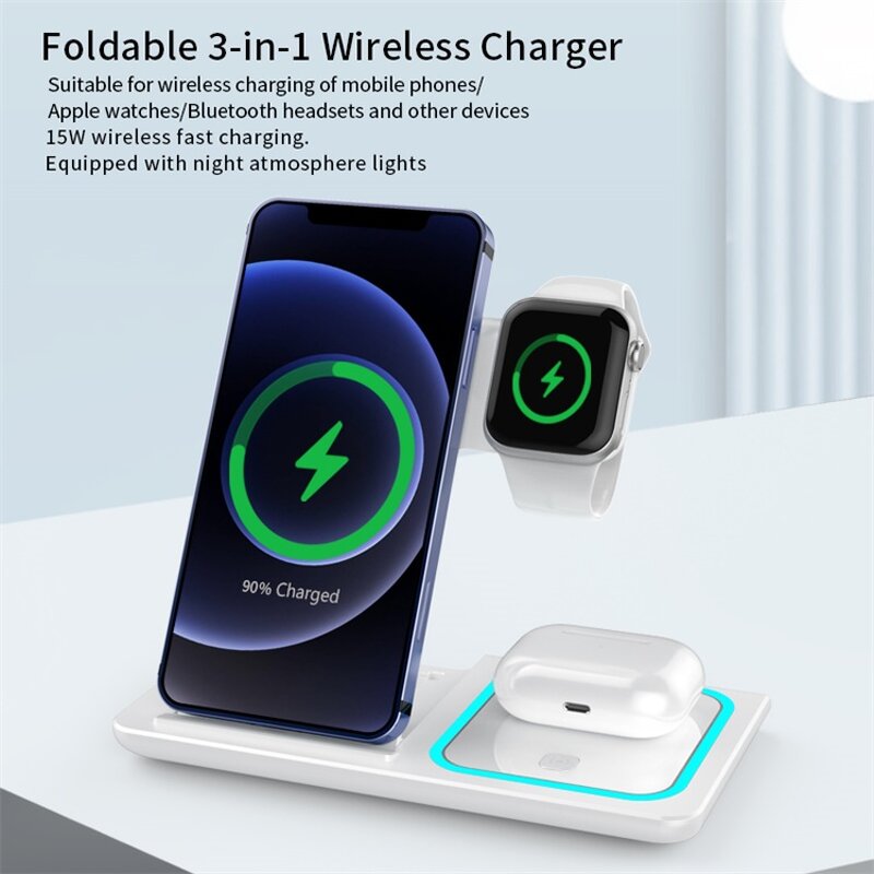 Wireless Charger - Custom Logo 15W Smart Portable 3 in 1 Station for Mobile Watch