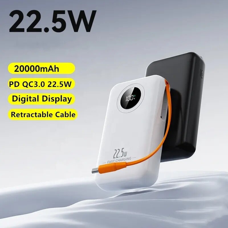 Power Bank - Custom Slim 10000mAh 22.5W Fast with Retractable Cable 20000mAh