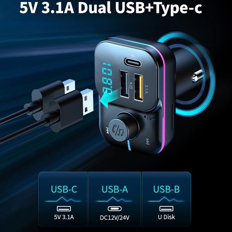 Car Charger - Dual USB Type C FM MP3 Player PD 3.1A Fast LED Light