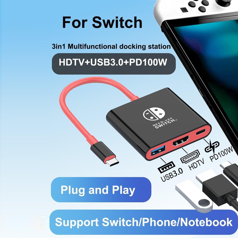 Docking Station Hub - USB C to HDTV 4K USB3.0 3 in 1 PD 100W for Switch Steam Deck