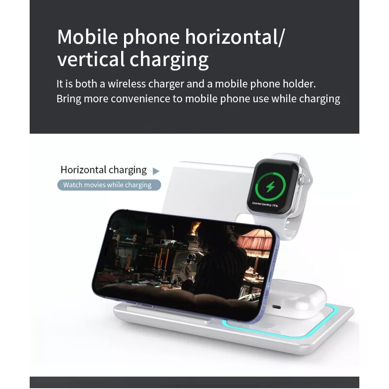 Wireless Charger - Custom Logo 15W Smart Portable 3 in 1 Station for Mobile Watch