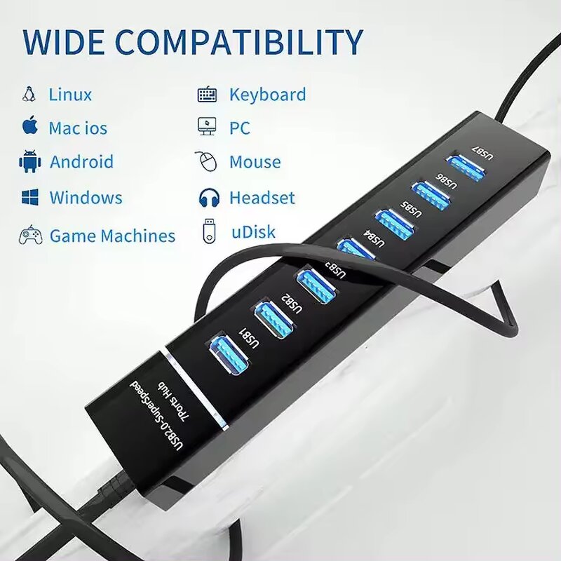 USB Hub Adapter - 7 Charging Ports USB3.0 High Speed Data Transfer for PC
