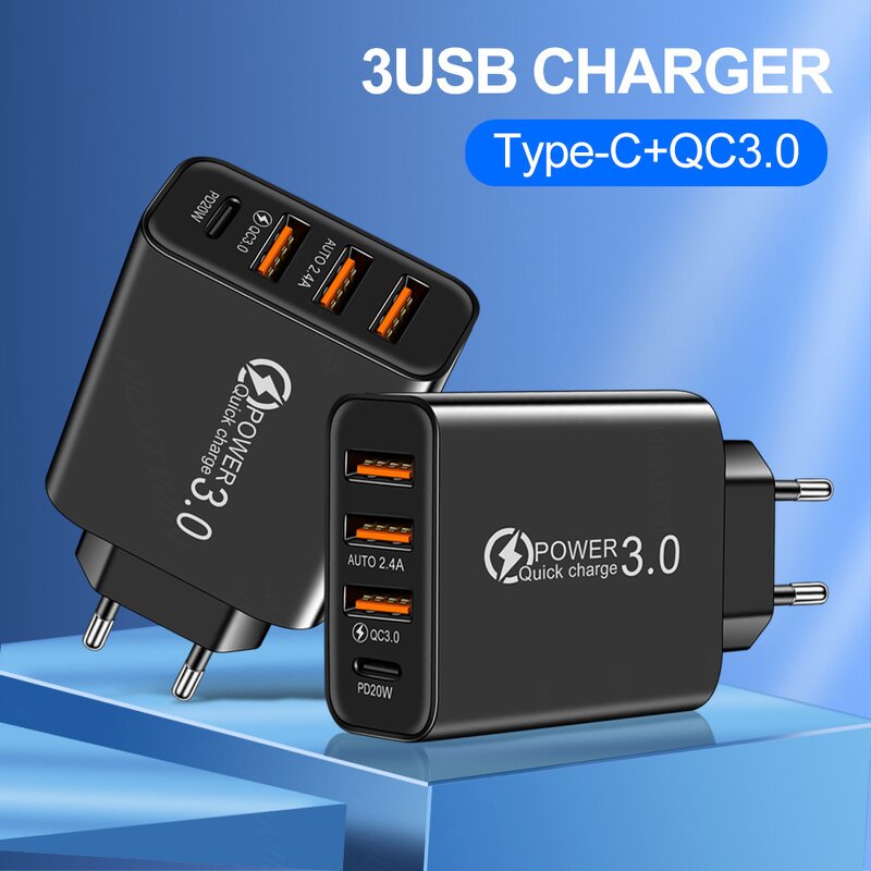 Wall Travel Charger - 20W Custom PD USB-C 3 USB Port Home Use for Mobile Phones