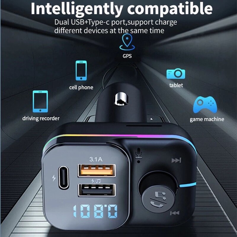 Car Charger - Dual USB Type C FM MP3 Player PD 3.1A Fast LED Light