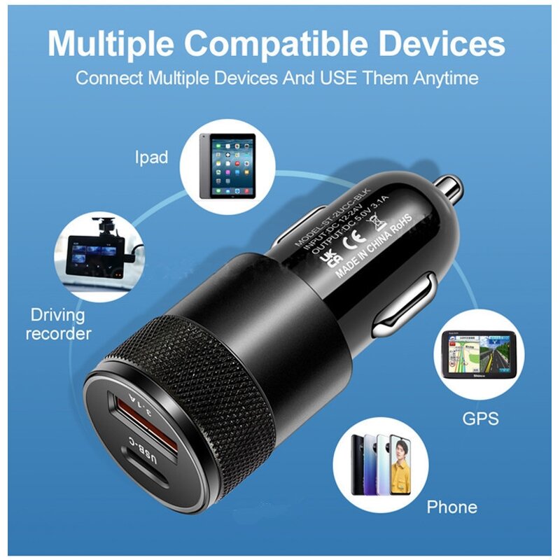 Car Charger - 38W USB+PD 3.1A Fast Aluminum Alloy Steel OTP OVP 9V/2A