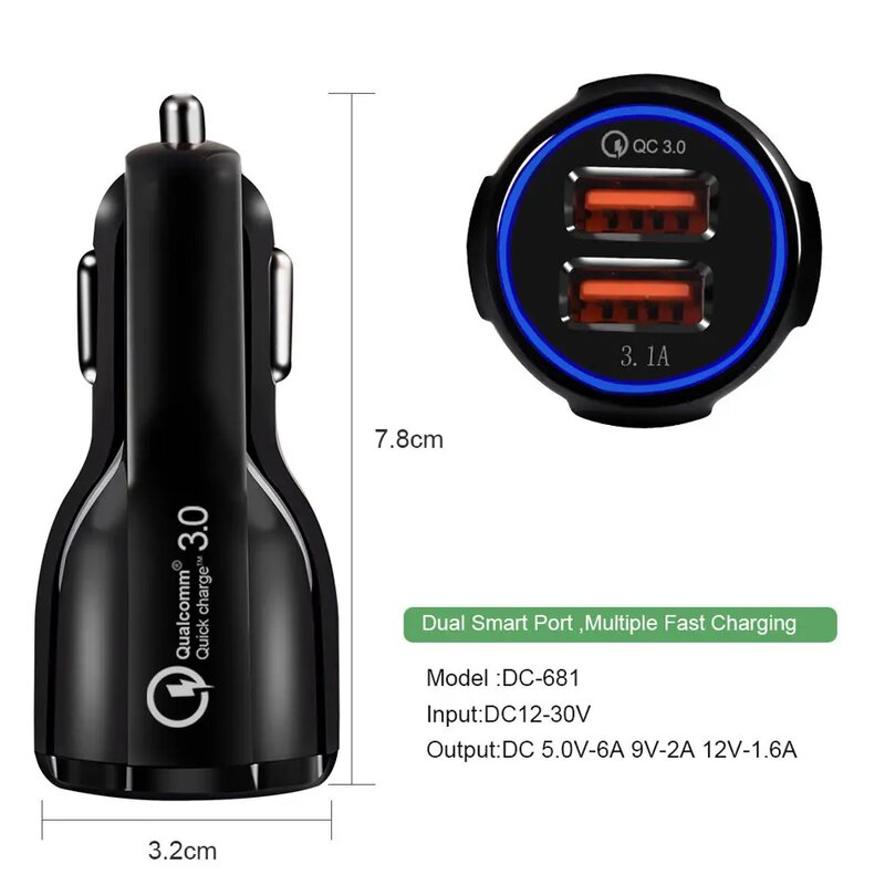 Car Phone Charger - 2*USB Quick Charge QC3.0 for Smart Phones