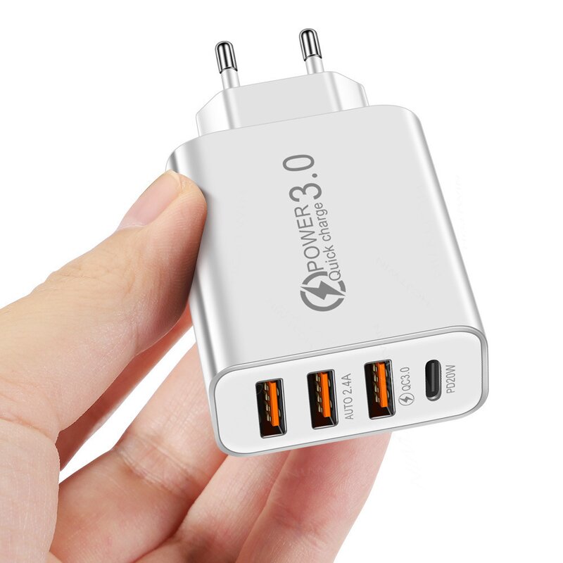 USB Plug Charger - Quick Charge 5V 3.1A QC3.0 EU US UK 3-Port Travel Wall PD