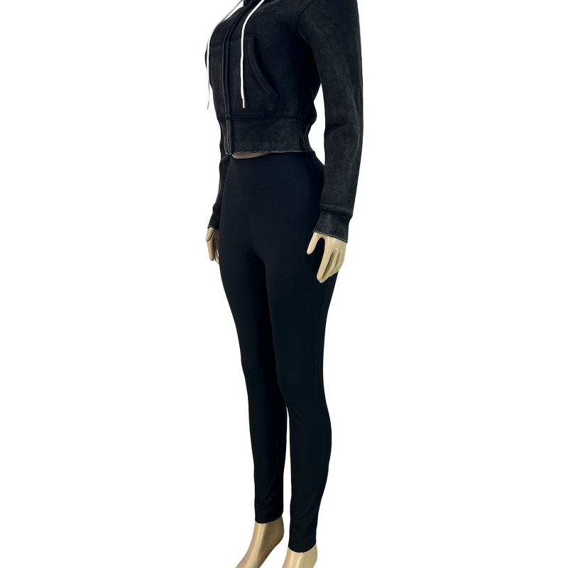 Women's Clothing Set - European American Style Sporty Washed Zip-Up Fleece-Inside Hoodie + Yoga Pants Sports