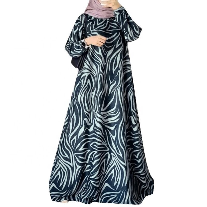 Women's Dress - Fashion Print Muslim Mid Eastern Floor Length Robe Long Sleeve O-Neck Casual