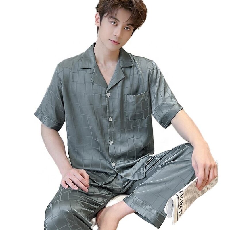 Men's Robe Set - High-End Satin Summer Ice Silk Pajamas Short Sleeves Turn-Down Collar Breathable Plus Size