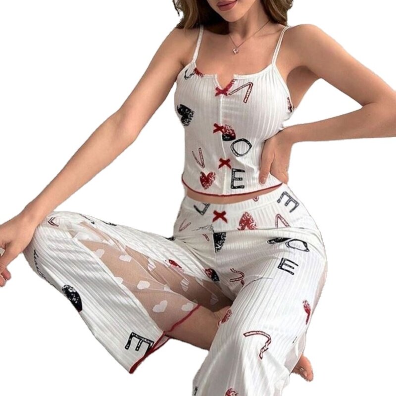 Women's Pajamas Set - O-Neck Print Contrast Lace Mesh Long Night Wear