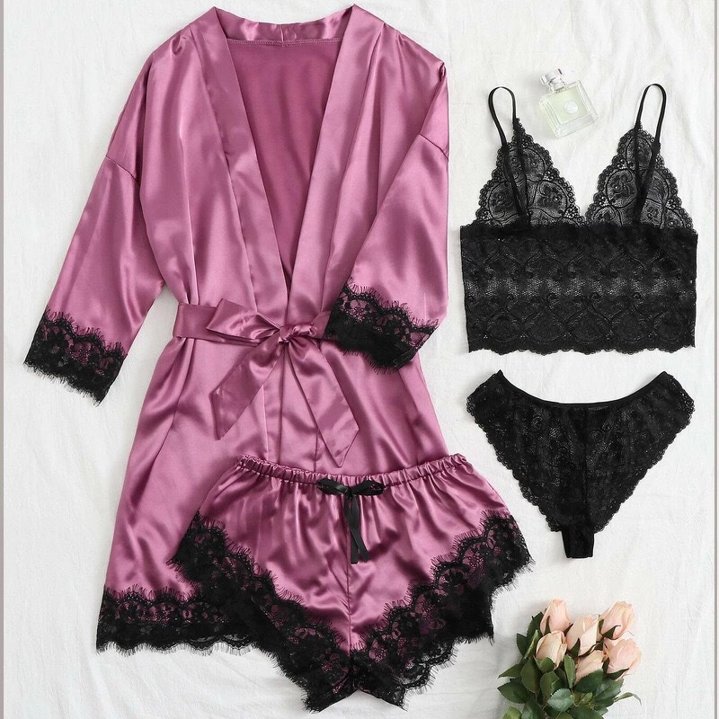 Women's Pajamas Set - European American Sexy Underwear Large Size Elastic Waist Four-Piece Set Polyester Satin