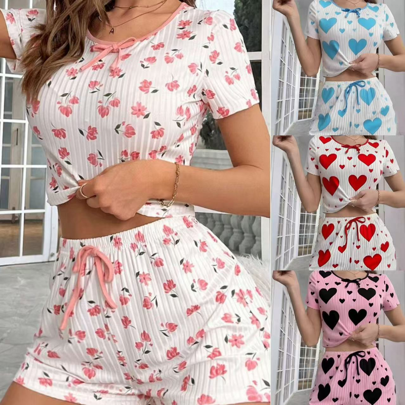 Women's Homewear - Printed Camisole Shorts Drawstring Summer Casual Sexy Ribbed