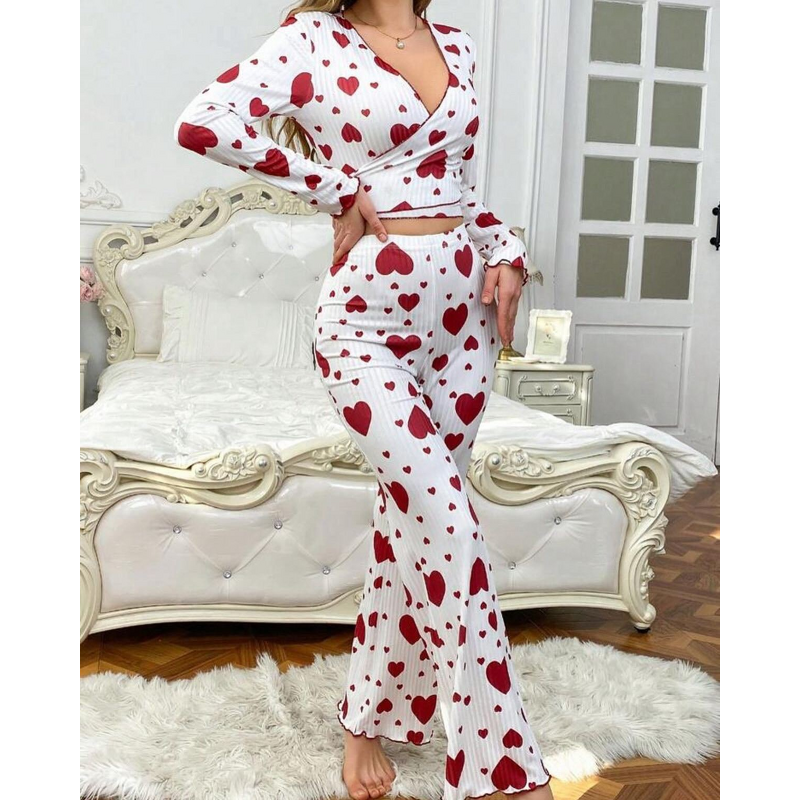 Women's Pajamas - New Heart Pattern Homewear Set Long Pants Soft Skin-Friendly Comfortable