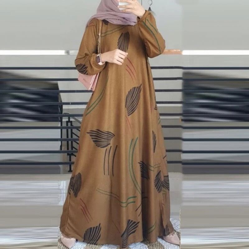 Women's Robe Dress - Fashion Print Muslim O-Neck Long Sleeve Arabia Turkey Malay Traditional Clothing Casual