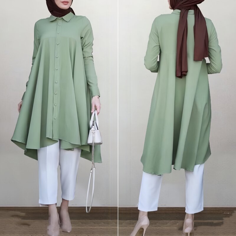 Women's Top - Muslim Long Lapel Collar Single Breasted Swallowtail Curved Hem Shirt Solid Loose Casual