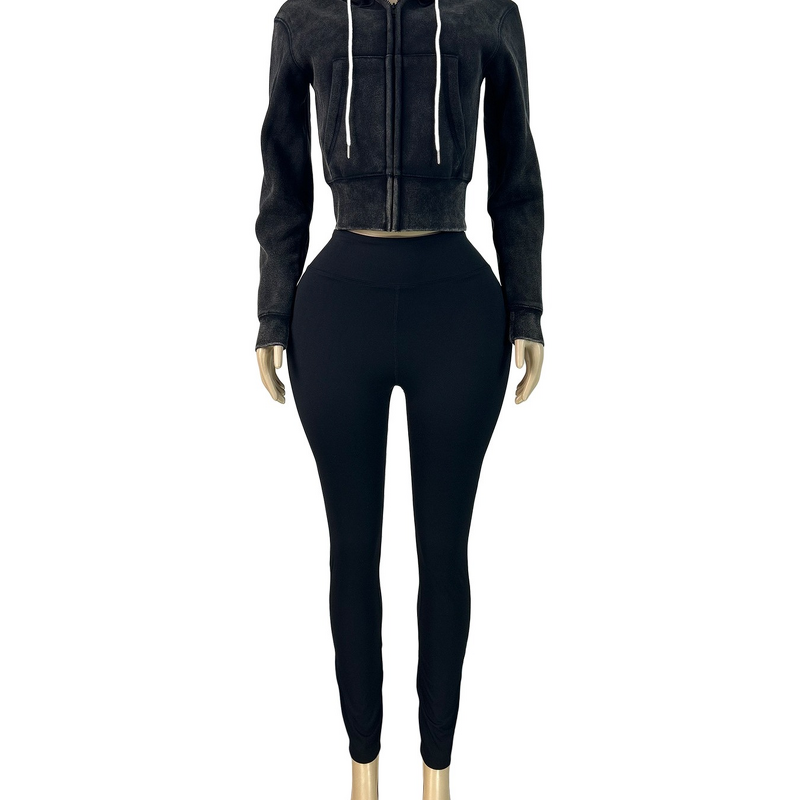 Women's Clothing Set - European American Style Sporty Washed Zip-Up Fleece-Inside Hoodie + Yoga Pants Sports