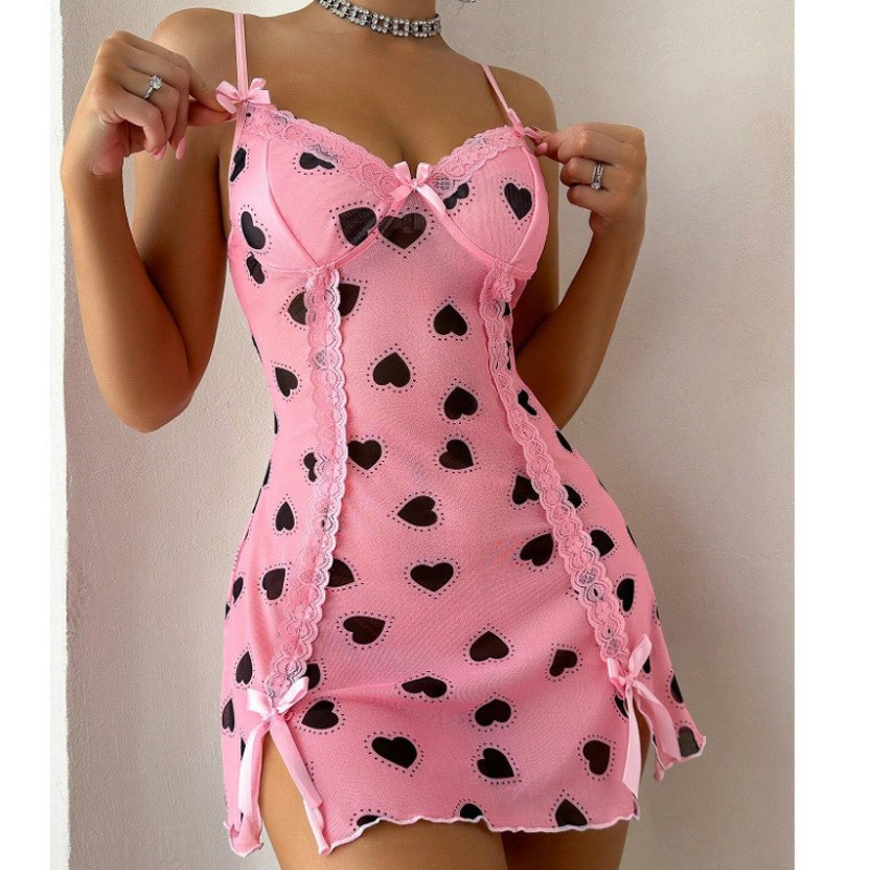 Women's Dress - European American Style Pink Heart Print Lace Splicing Off-The-Shoulder Sexy Slim-fit Sling