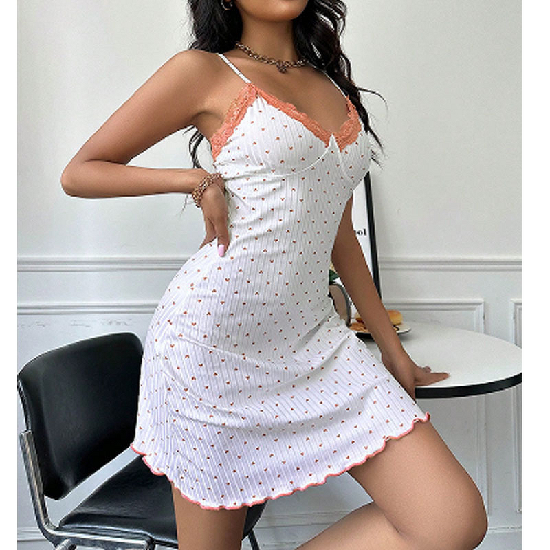 Women's Nightdress - Fashion Heart Print Slim Strap Polyester Sling Sexy Sleepwear New Lace V-neck