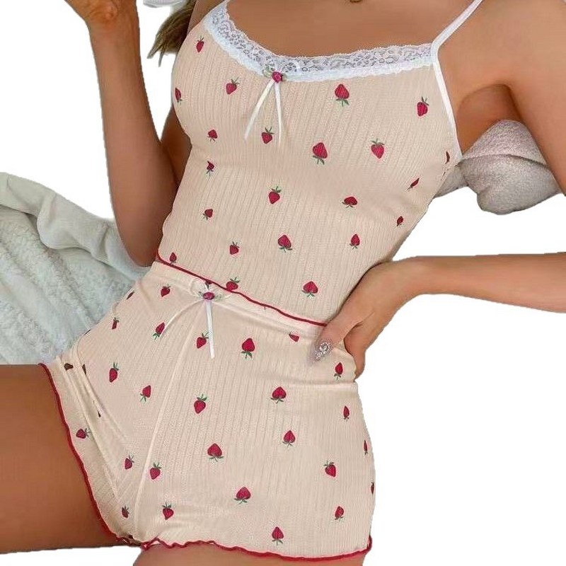 Women's Pajamas Set - New Printed Large Pit Striped Summer Drawstring Shorts Strawberry Printed Two-piece Lace