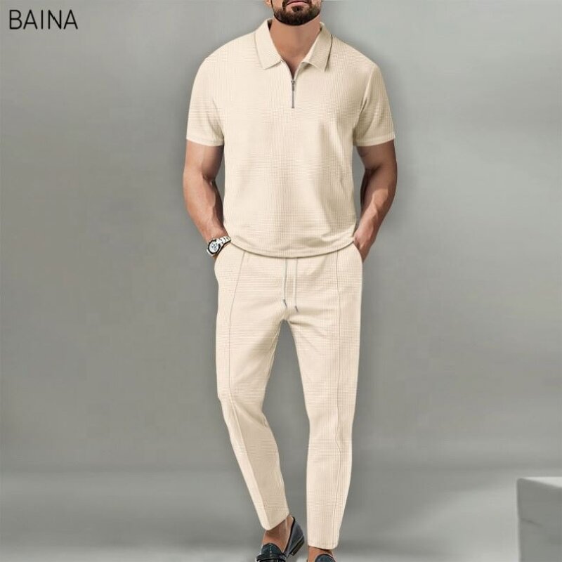 Men's Clothing Set - Summer Streetwear Two-Piece Set Solid Color Collar Short-Sleeved Turtleneck Zipper T-Shirt