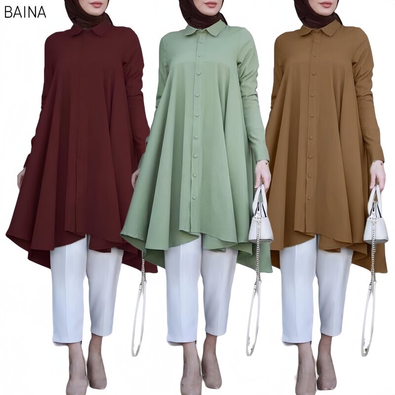 Women's Top - Muslim Long Lapel Collar Single Breasted Swallowtail Curved Hem Shirt Solid Loose Casual