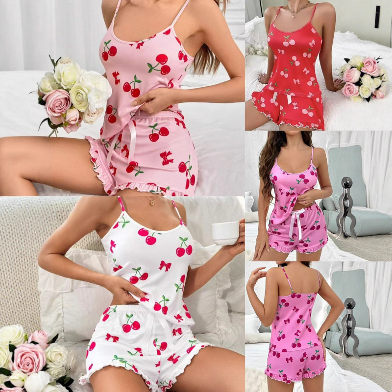 Women's Pajamas Set - New Sexy European and American Summer Elastic Waist Strappy Cherry Printed