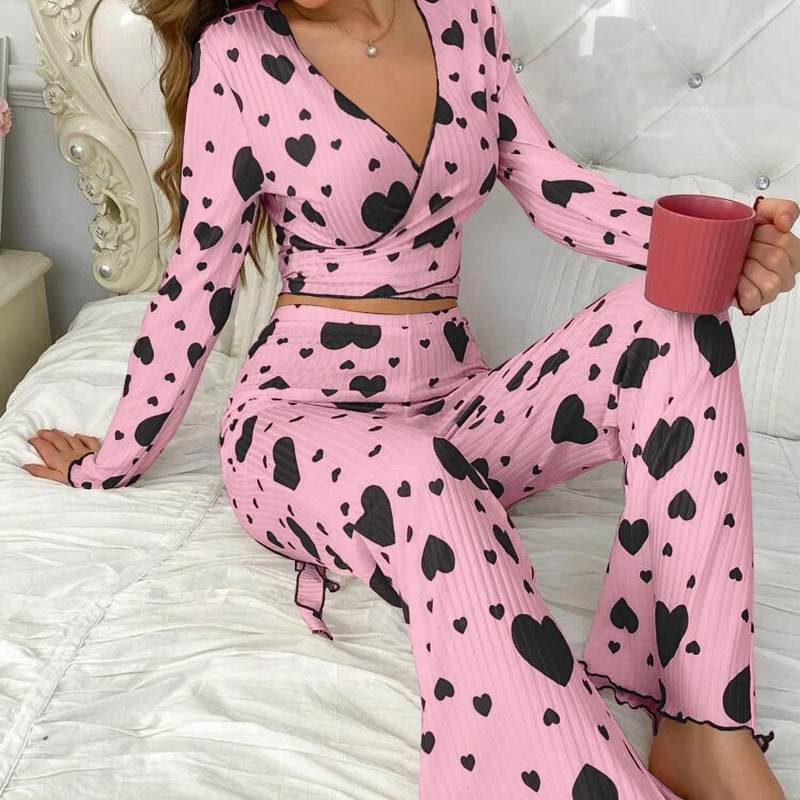 Women's Pajamas - New Heart Pattern Homewear Set Long Pants Soft Skin-Friendly Comfortable