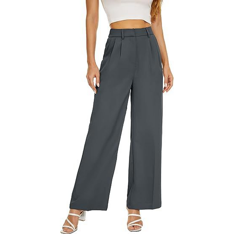 Women's Pants - European American Summer Fashion Elegant Commuter High-Waisted Loose Straight Wide-Leg Polyester
