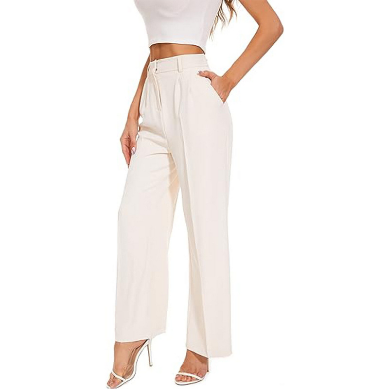 Women's Pants - European American Summer Fashion Elegant Commuter High-Waisted Loose Straight Wide-Leg Polyester