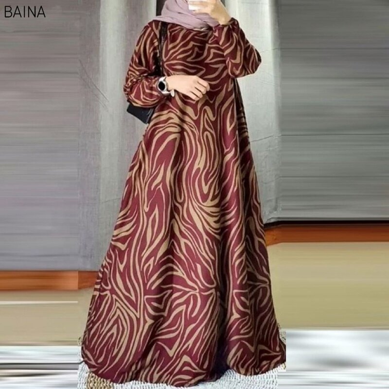 Women's Dress - Fashion Print Muslim Mid Eastern Floor Length Robe Long Sleeve O-Neck Casual