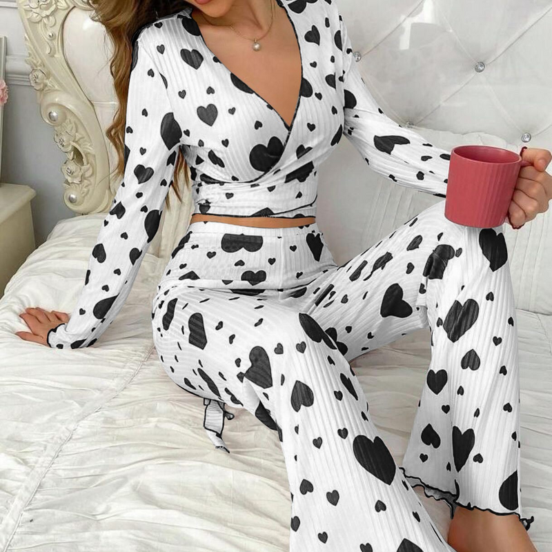 Women's Pajamas - New Heart Pattern Homewear Set Long Pants Soft Skin-Friendly Comfortable