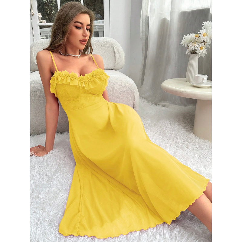 Women's Nightgown - New Home Fun Strap Long with Three-Dimensional Lace Solid Color Elegant Autumn Off-The-Shoulder