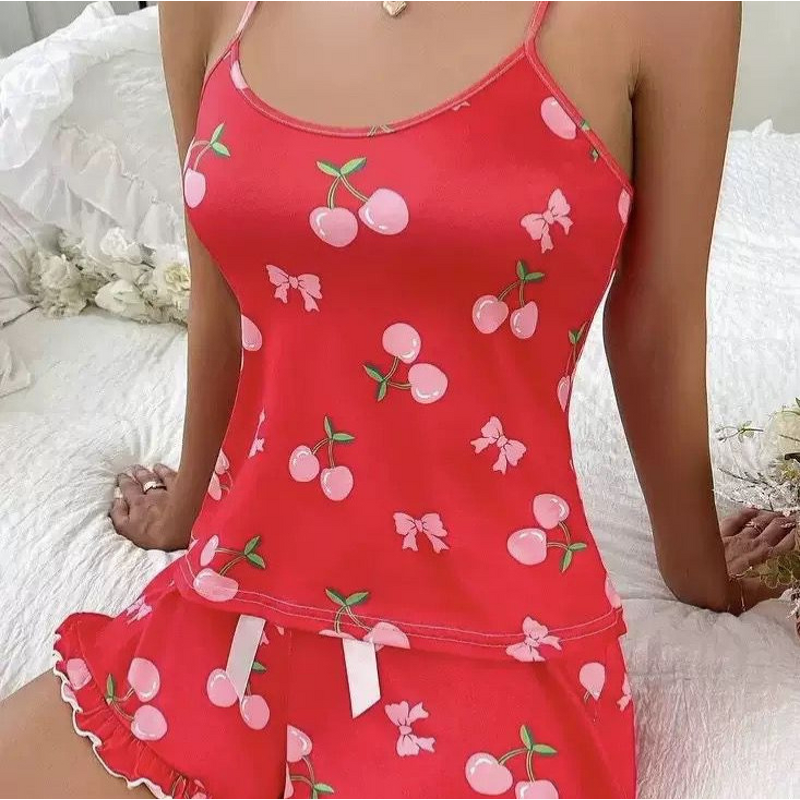 Women's Pajamas Set - New Sexy European and American Summer Elastic Waist Strappy Cherry Printed
