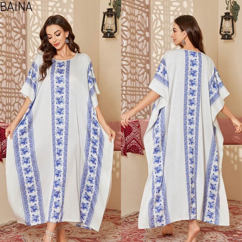 Women's Nightdress - Modest Satin New Plus Size Summer Cover-Up Robe Gorgeous Loose Printed Middle Eastern Style