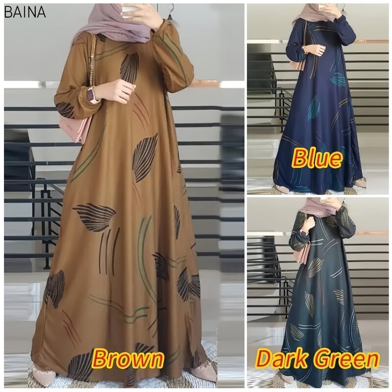 Women's Robe Dress - Fashion Print Muslim O-Neck Long Sleeve Arabia Turkey Malay Traditional Clothing Casual