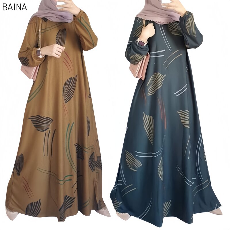 Women's Robe Dress - Fashion Print Muslim O-Neck Long Sleeve Arabia Turkey Malay Traditional Clothing Casual