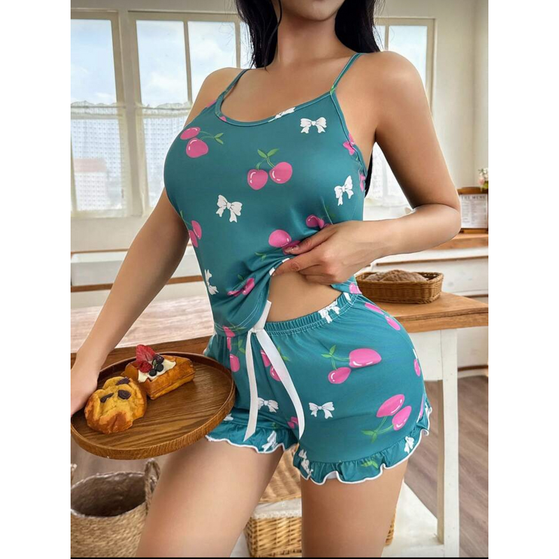 Women's Pajamas Set - New Sexy European and American Summer Elastic Waist Strappy Cherry Printed