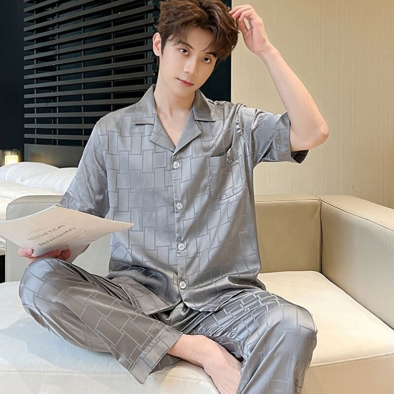 Men's Robe Set - High-End Satin Summer Ice Silk Pajamas Short Sleeves Turn-Down Collar Breathable Plus Size