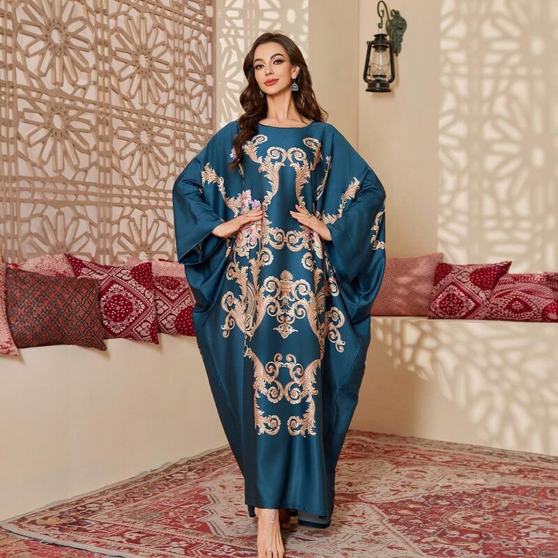 Women's Nightdress - ODM New Luxurious Printed Satin Autumn Spring Middle Eastern Style Long Loose