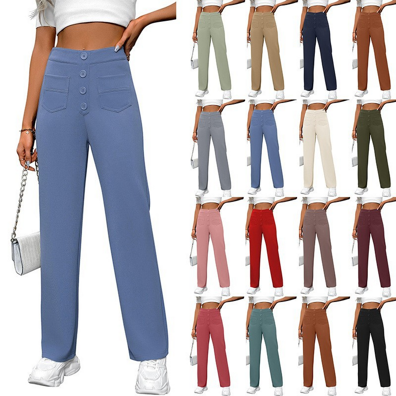 Women's Pants - European American Spring Autumn New High Waist Pocket Wide Leg Button Casual Loose