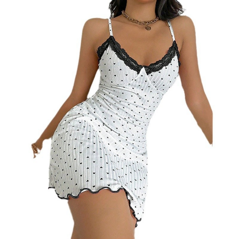Women's Nightdress - Fashion Heart Print Slim Strap Polyester Sling Sexy Sleepwear New Lace V-neck