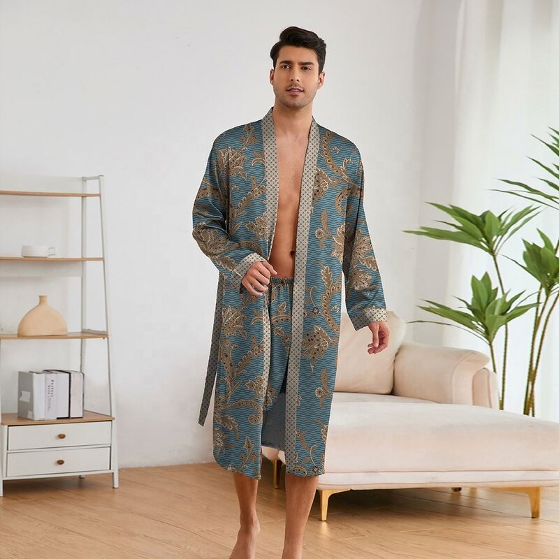 Men's Nightgown - Long-Sleeved Shorts Home Wear Suit New Printed Leopard Pattern Robe Bathrobe