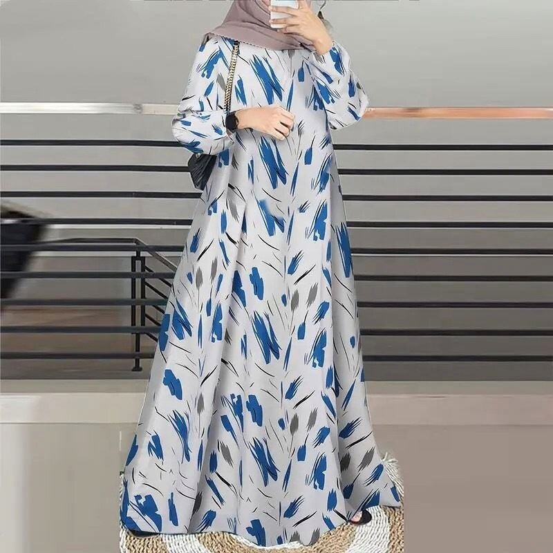 Women's Robe - Turkey O-Neck Sleeve Traditional Fashion Print Muslim Long Dress