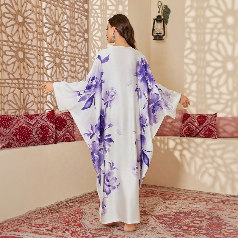 Women's Nightgown - Satin Blouse Long Modest Middle Eastern Style Gorgeous Printed for Spring Fall
