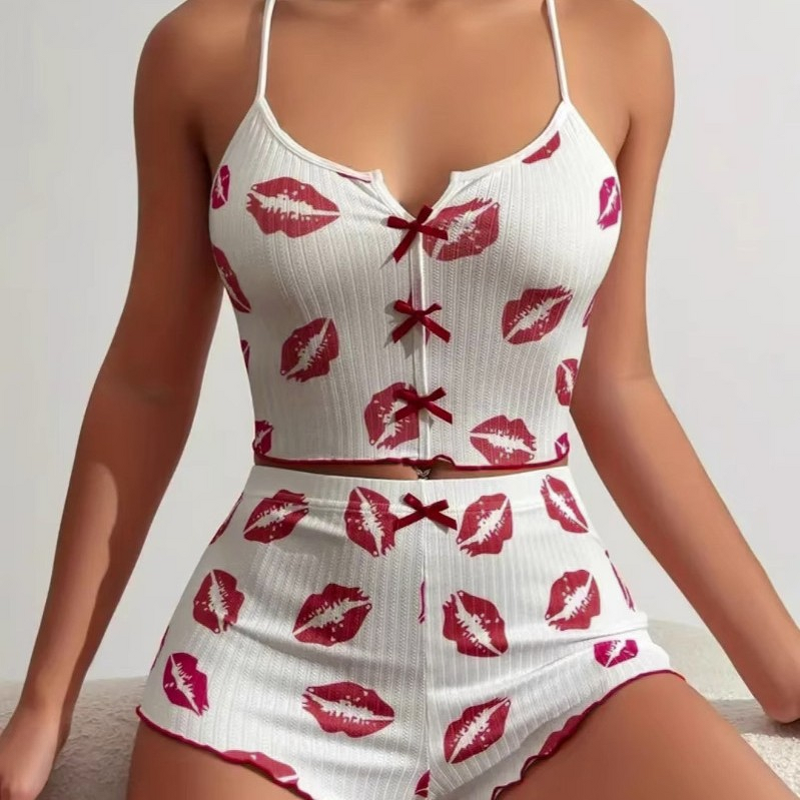 Women's Pajamas Set - New Arrival Spandex Spring Heart-Shaped Printed Color-Block Front Slit Strappy