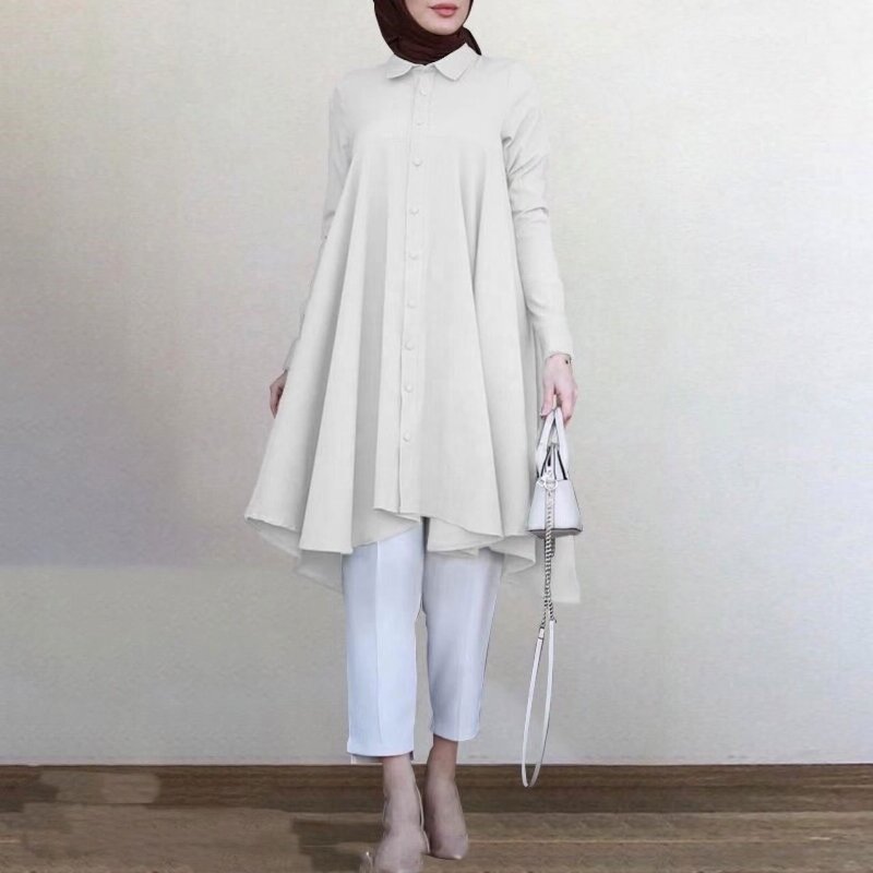 Women's Top - Muslim Long Lapel Collar Single Breasted Swallowtail Curved Hem Shirt Solid Loose Casual