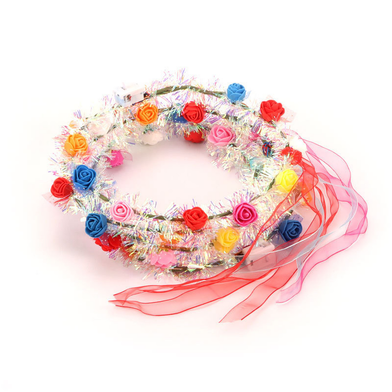 Headband Garland - Glowing Golden Wire Ten Lights Ten Flowers Plastic Gold Silk Wreath Flashing Night