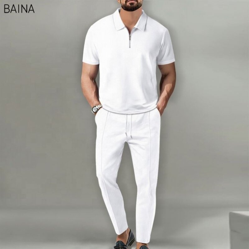 Men's Clothing Set - Summer Streetwear Two-Piece Set Solid Color Collar Short-Sleeved Turtleneck Zipper T-Shirt